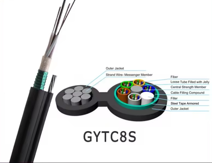 GYTC8S Armadura Aérea Figura 8 Cabo com fita de aço 24 36 48 72 Núcleo G652D Cabo de fibra óptica