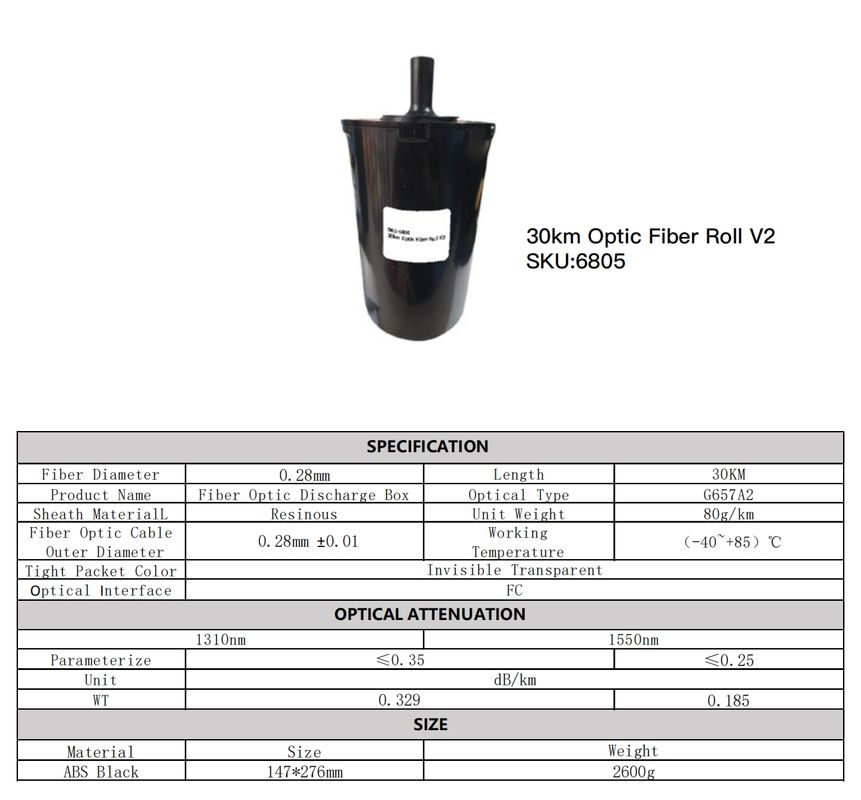 Drone Quadcopter FPV com alcance de 30km/rolo, tipo de cabo G657A2 e temperatura de operação de -20°C a +60°C